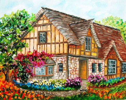 a painting of a house with flowers around it