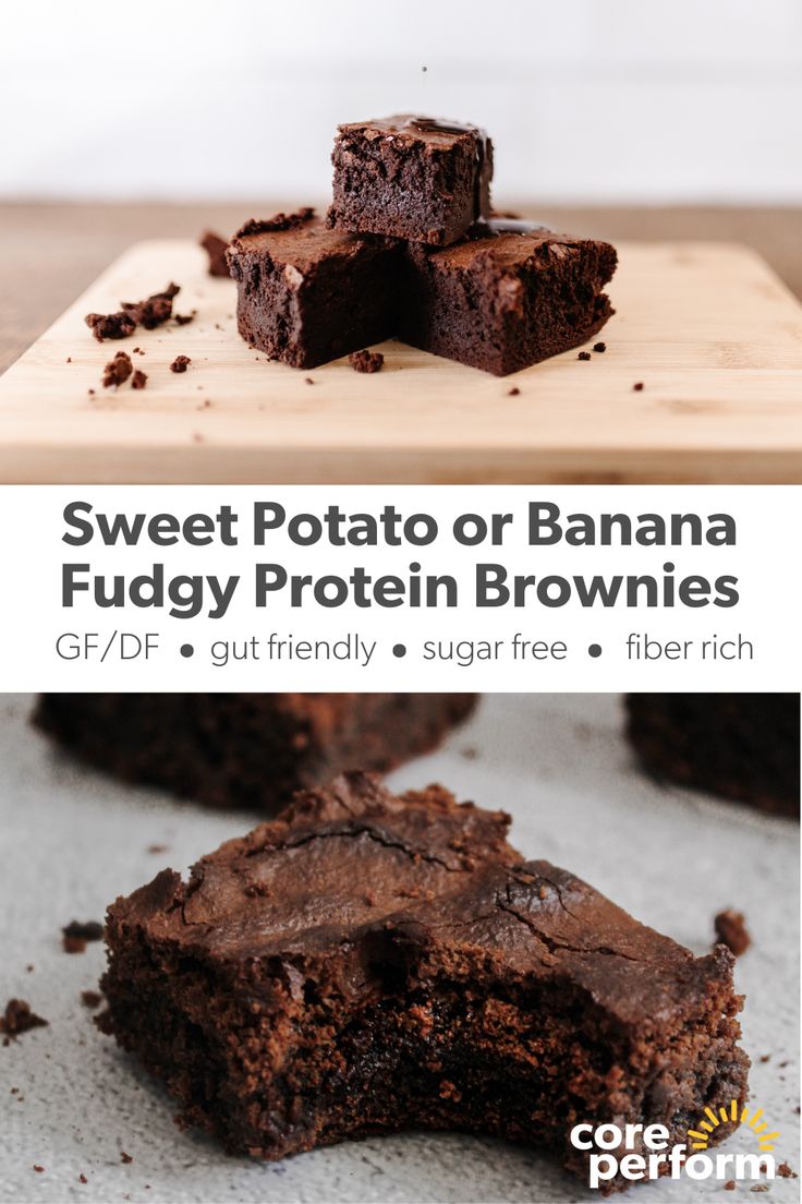 chocolate brownies on a cutting board with the words sweet potato or banana fudge protein brownies