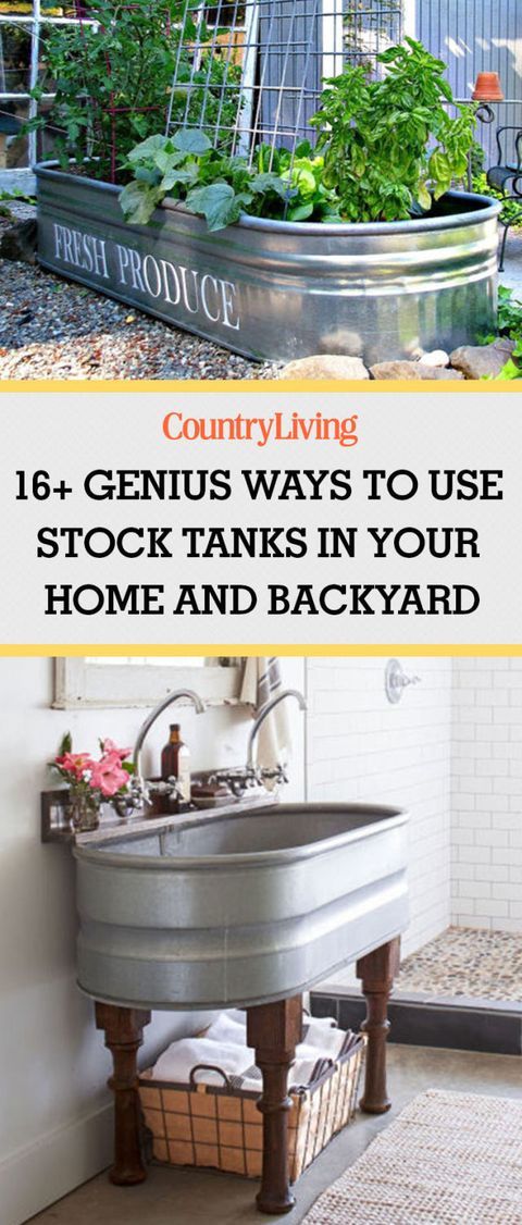 an outdoor garden with plants growing in it and text overlay that reads, country living 16 genius ways to use stock tanks in your home and backyard