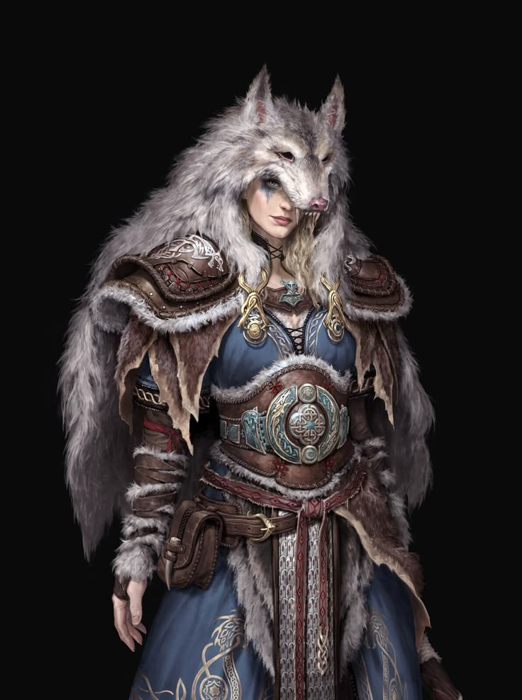 a woman dressed as a wolf with fur on it's head and wearing a blue dress