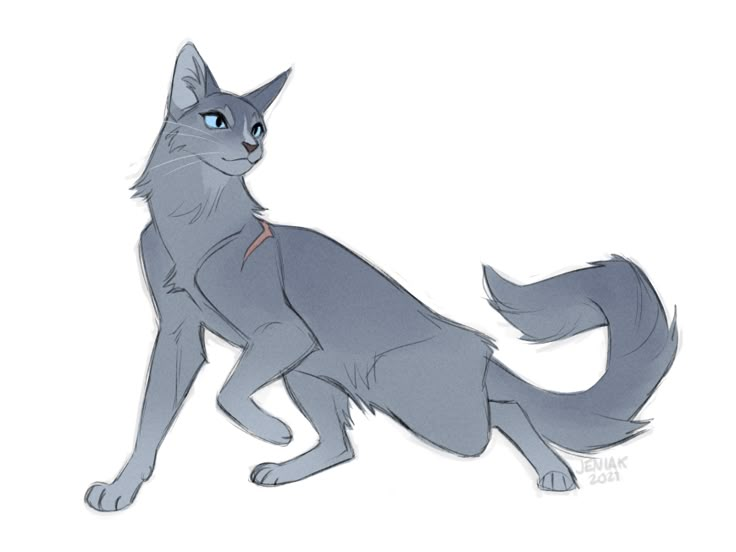 a drawing of a gray cat with blue eyes and tail, sitting on its hind legs