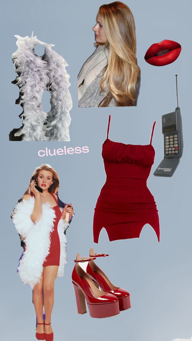 a collage of women's clothing and accessories including shoes, lipstick, cell phone