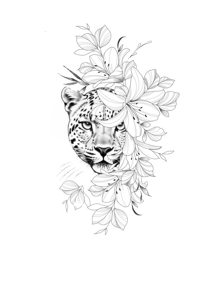 a black and white drawing of a leopard's face with flowers on its head