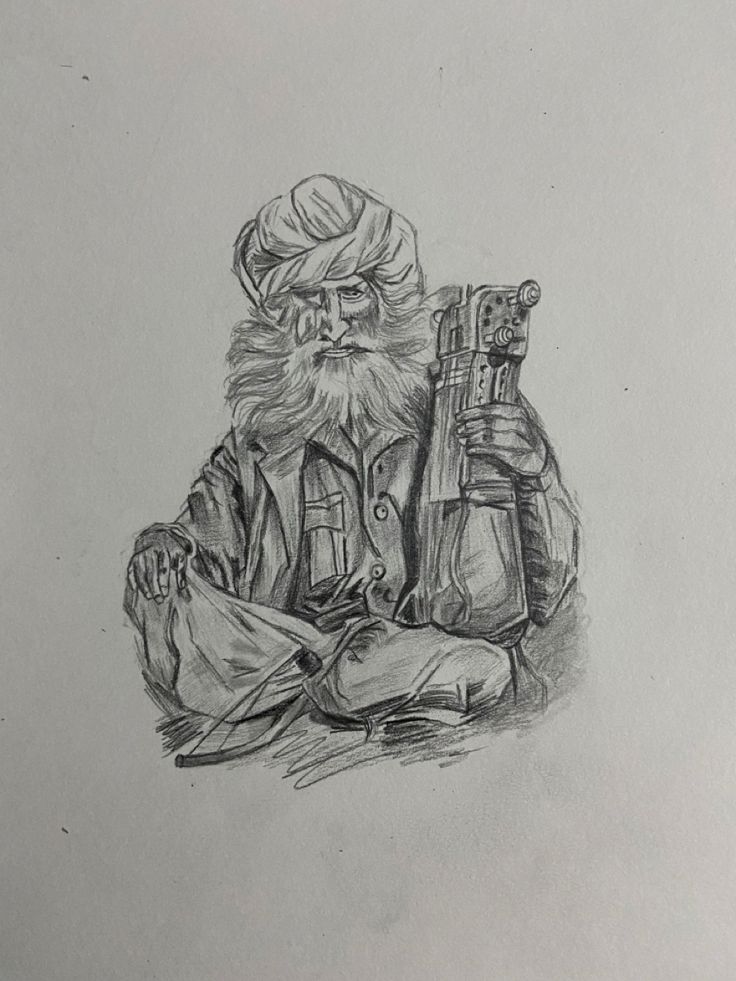 a pencil drawing of an old man with a beard and mustache sitting on the ground