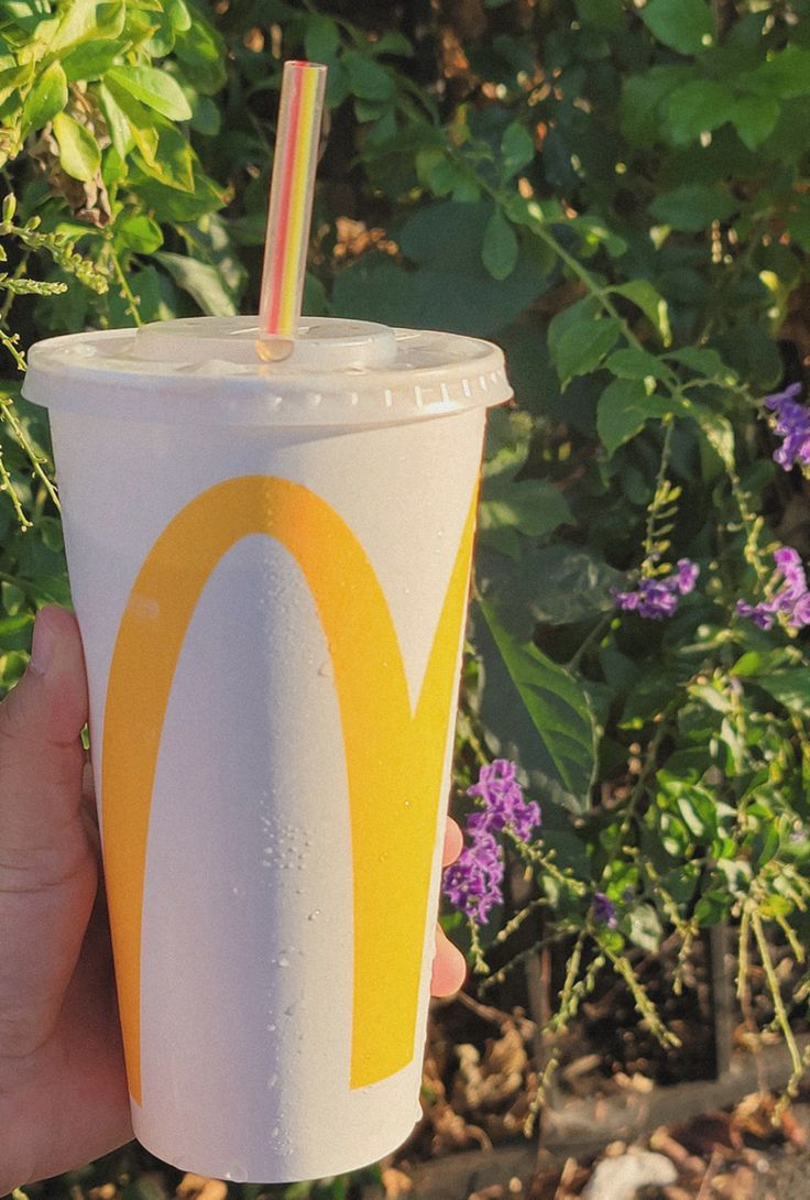 a person holding up a cup with a straw in it