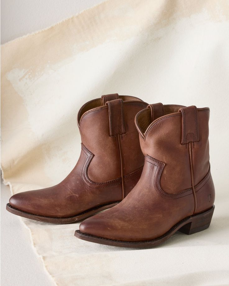 Frye Billy Short Boots | Garnet Hill Flat Cowboy Boots, Ankle Cowboy Boots Outfit, Short Cowboy Boots, Ankle Cowboy Boots, Low Heel Ankle Boots, Shop Boots, Frye Boots, Garnet Hill, Heel Caps