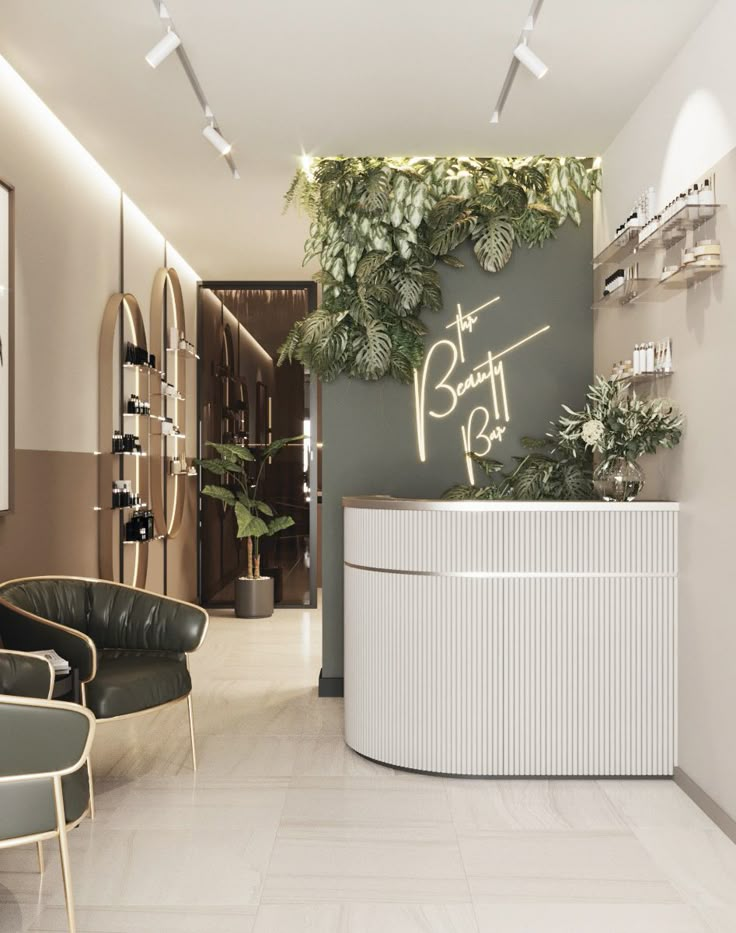 the interior of a nail salon with plants on the wall