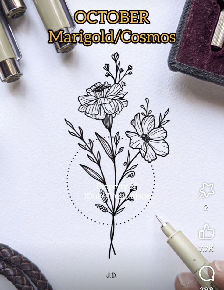 a person drawing flowers on paper with markers and pens in front of the ink pen