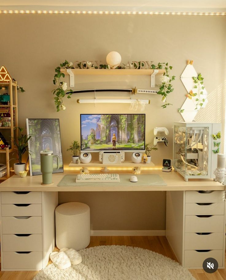 a computer desk with two monitors on top of it and some plants in the corner