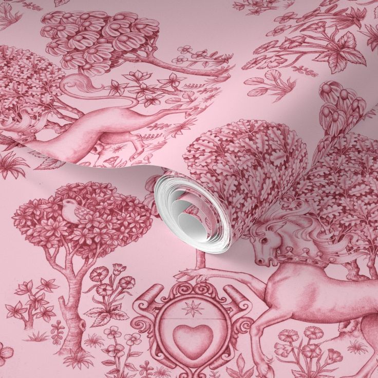 a pink wallpaper with horses and trees on it