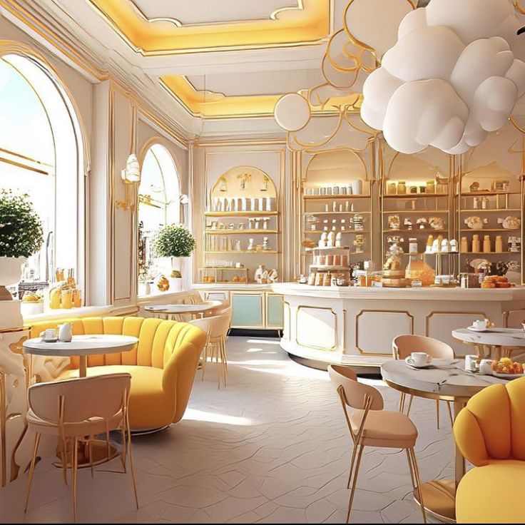 the interior of a restaurant with yellow chairs and tables