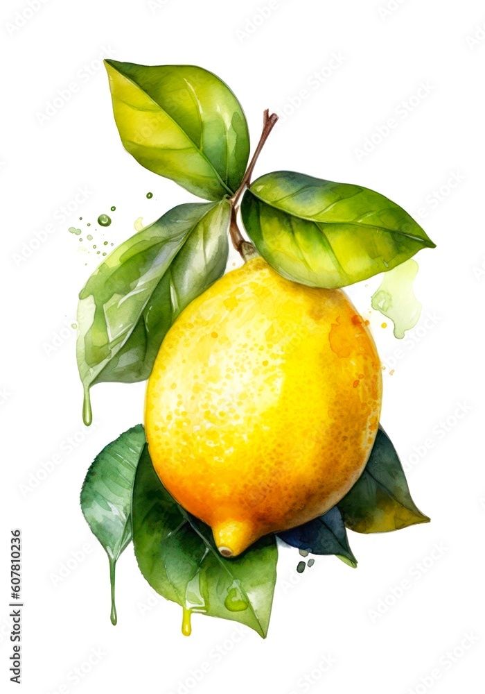 a painting of a lemon with green leaves on it's branch and drops of water