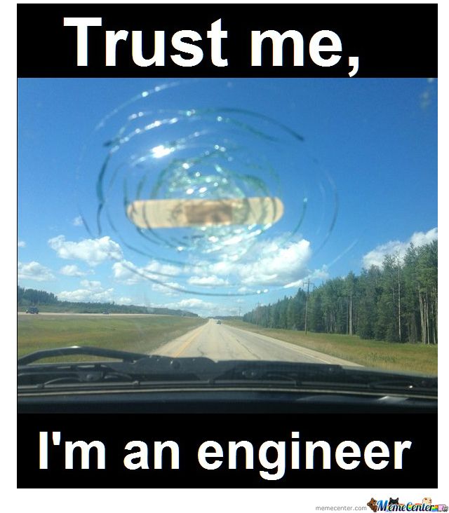 a car driving down a road with the words trust me, i'm an engineer