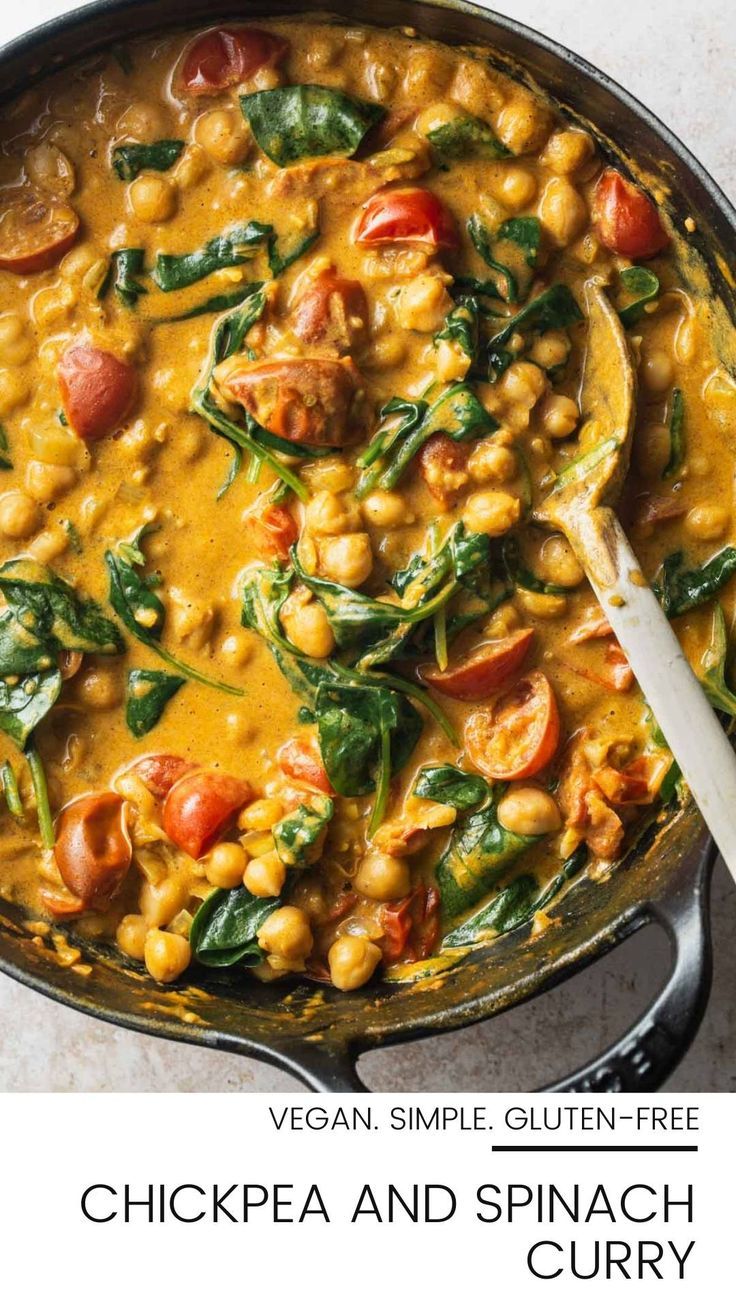 A pot of chickpea curry. Chickpea Spinach Curry, Chickpeas And Spinach, Chickpea And Spinach, Chickpea Spinach, Chickpea And Spinach Curry, Spinach Curry, Vegan Curry, Chickpea Recipes, Chickpea Curry