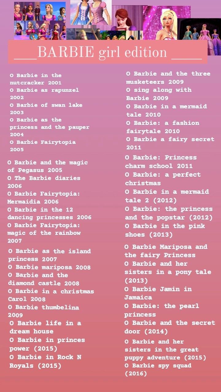 the barbie movie list is shown in pink