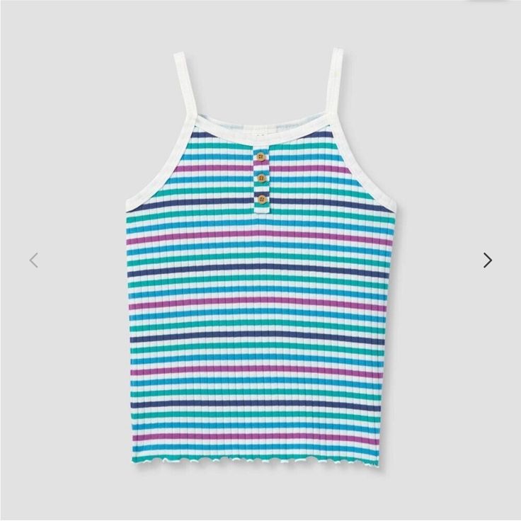 Girls Ribbed Tank Top With Stripes And Buttons Casual Purple Ribbed Top, Playful Blue Tank Top For Spring, Playful Fitted Purple Tops, Purple Ribbed Tops For Summer, Purple Ribbed Summer Tops, Spring Ribbed Multicolor Tops, Summer Ribbed Purple Tops, Summer Purple Ribbed Tops, Playful Fitted Blue Tops