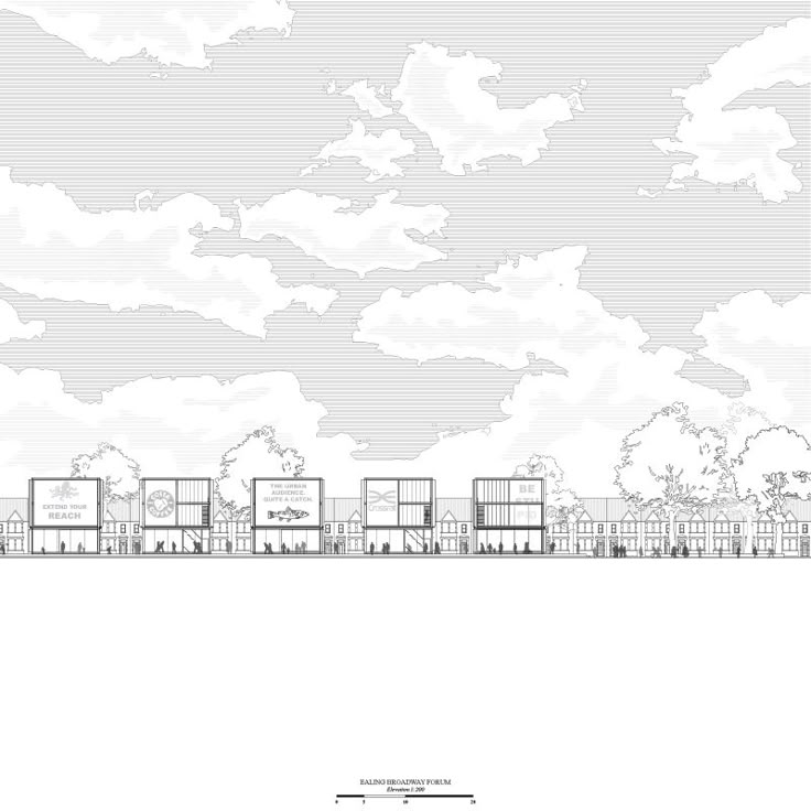 an architectural drawing of a building with trees and clouds in the background