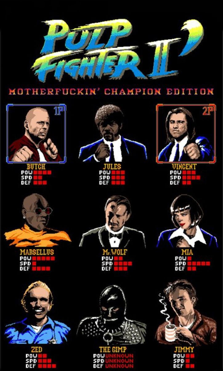 the poster for pulp fighter ii has been altered to look like an old video game