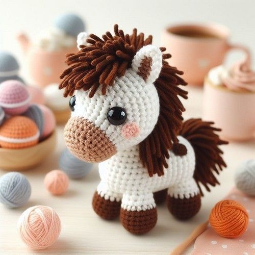 a crocheted toy horse sitting on top of a table next to balls of yarn