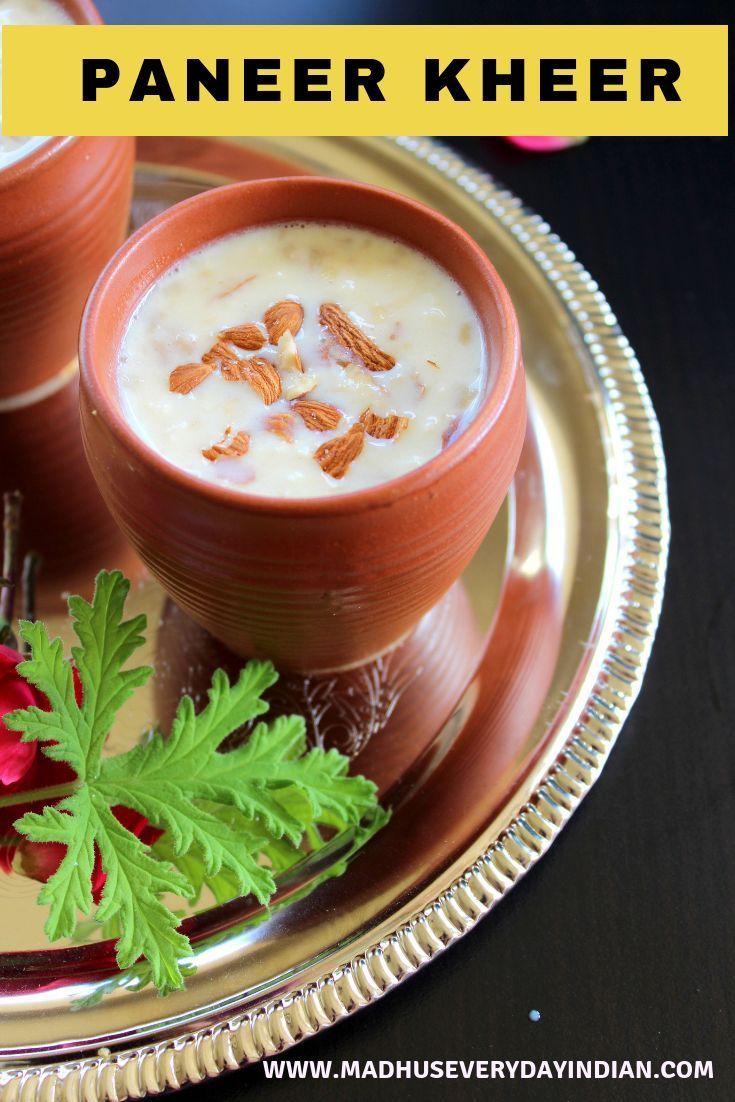 two cups of food on a plate with the words paneer kheer