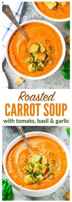 roasted carrot soup with tomatoes, basil and garlic