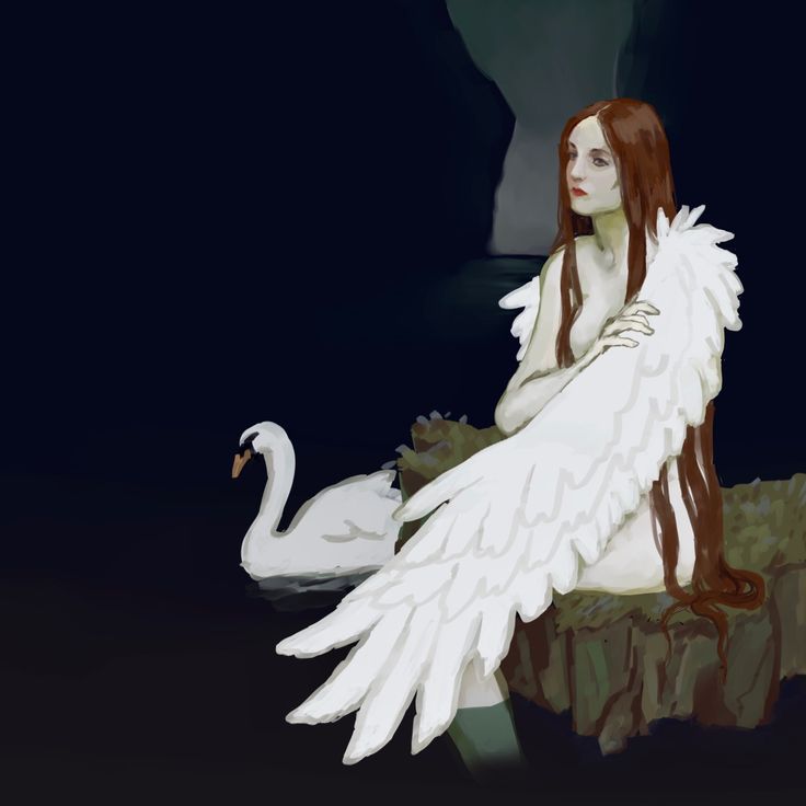 a woman sitting on a rock next to a white swan in the dark with its wings spread out