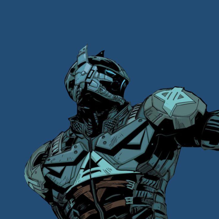 a stylized image of a man in armor with his arm out and pointing at something