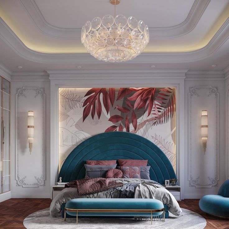 a bedroom with a bed, chair and chandelier in the middle of it