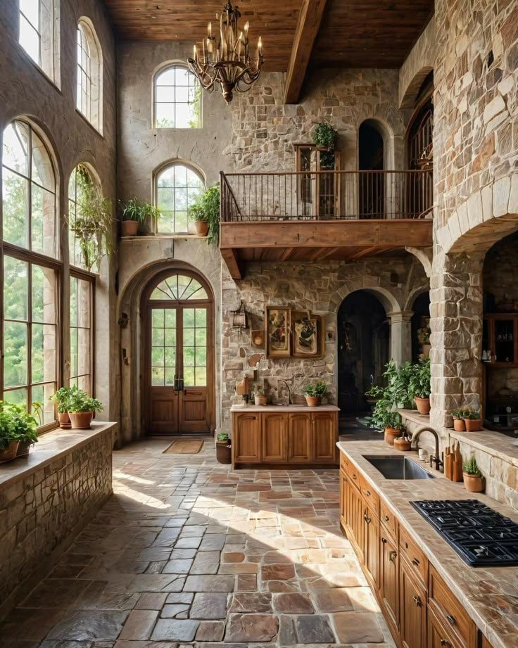 a kitchen with stone walls and an open floor plan