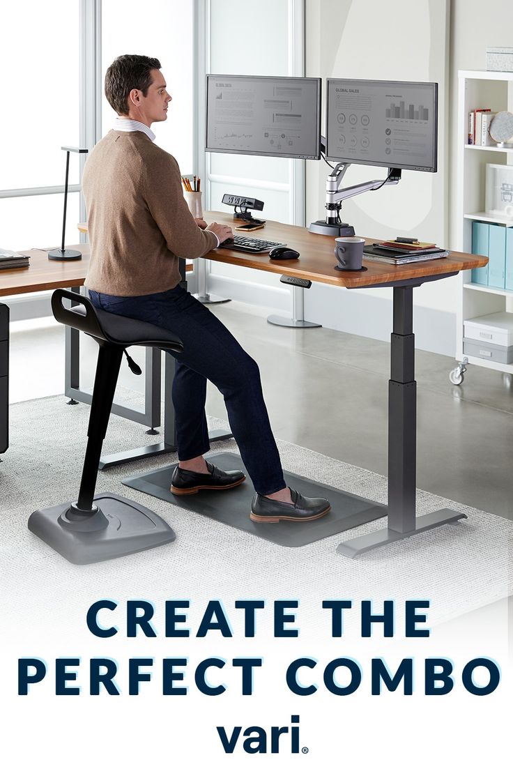 a man sitting at a computer desk with the words create the perfect combo vari