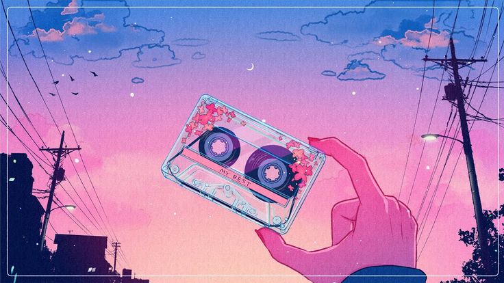 a person holding up an old school cassette in front of a pink and blue sky