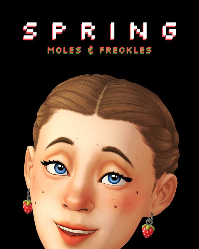 an animated image of a woman with blue eyes and brown hair, wearing earrings that say spring