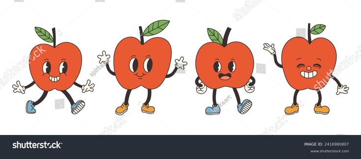 an apple cartoon character set with four different expressions, including one showing the same emotion