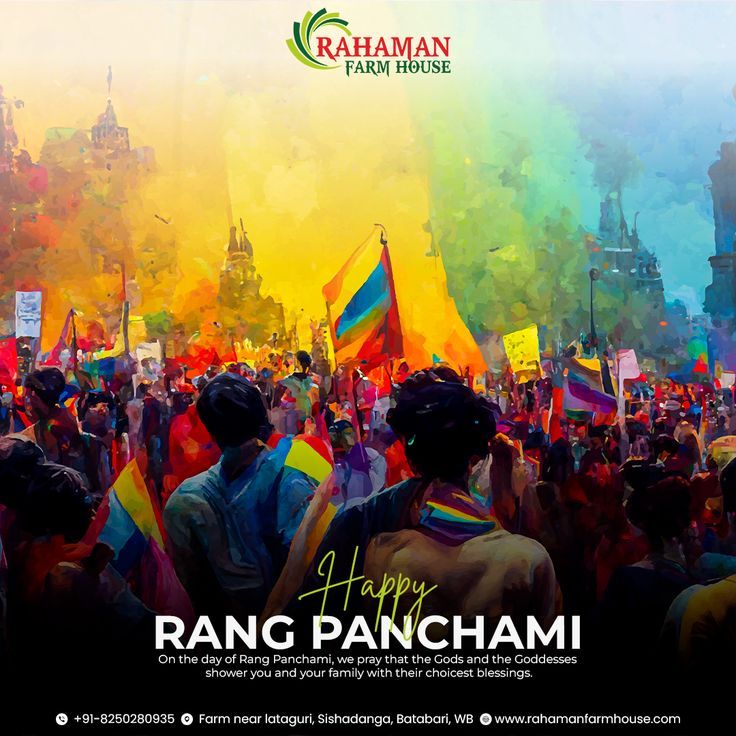 a group of people holding rainbow flags in front of a building with the words happy rangg panchami written on it