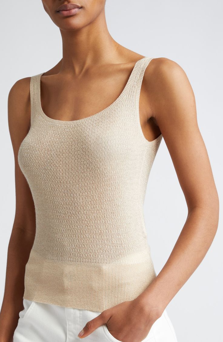 Shimmering threads bring understated glamour to this casual-staple sweater-knit tank with a scooped neck and ribbed hem. Scoop neck 89% viscose, 11% polyester Dry clean Made in Italy Designer Clothing Elegant Sleeveless Textured Knit Top, Elegant Pointelle Knit Tank Top, Elegant Spring Tank Knit Top, Elegant Fine Knit Tank Top, Fitted Textured Knit Crew Neck Tank Top, Fine Knit Tank Top For Layering, Elegant Sleeveless Pointelle Knit Top, Elegant Stretch Fine Knit Tank Top, Elegant Fine Knit Tank Top For Spring