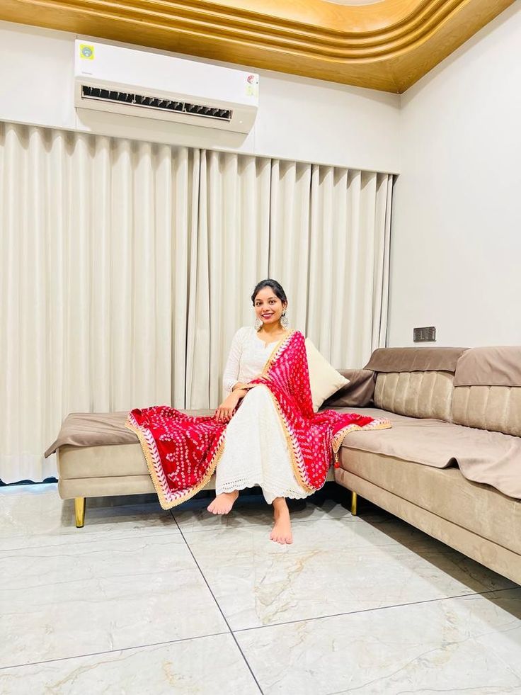 Flaunting in a white khadi dress with bandhani red dupatta. ❤️🤍 Red Bandhani Dupatta, Rakshabandhan Outfit, Red Dupatta, Bandhani Dupatta, Influencer, Fashion Week, Red, White