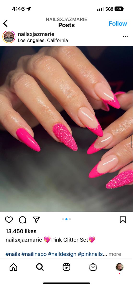 Pink Almond Nails With Glitter, Almond Hot Pink Nails Designs, Birthday Nails Pink Almond, Hot Pink Vegas Nails, Fushia Pink Almond Nails, Cute Pink Hoco Nails, Pink Nails For Hoco, Hot Pink Nail Inspo Almond, Prom Nails For Magenta Dress