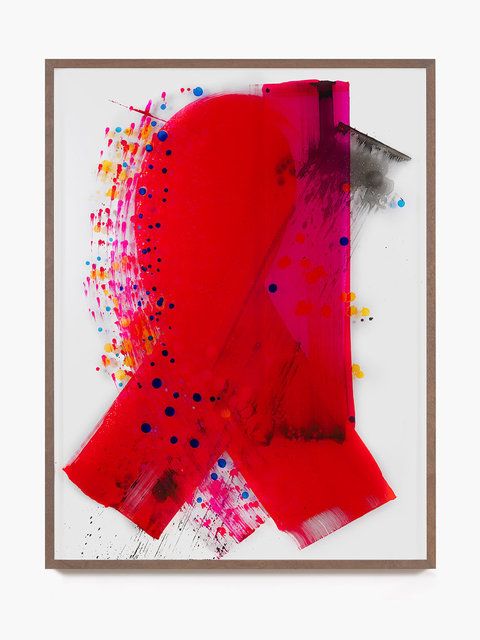 an abstract painting in red and pink with black dots on the bottom half of it