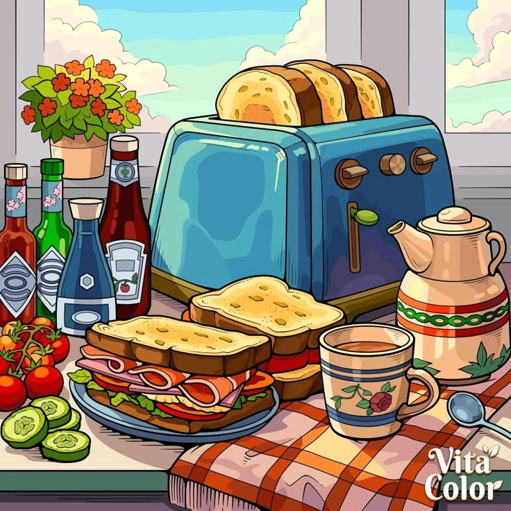 an image of a toaster with food on the table next to it and cups