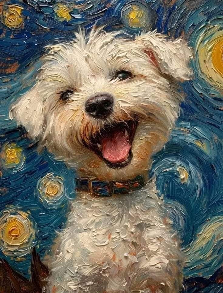 a painting of a white dog with its mouth open and stars in the sky behind it