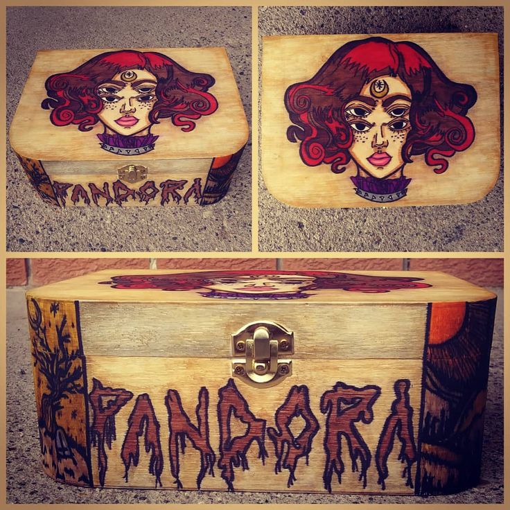 an image of a wooden box with artwork on the front and back sides, along with images of women's faces