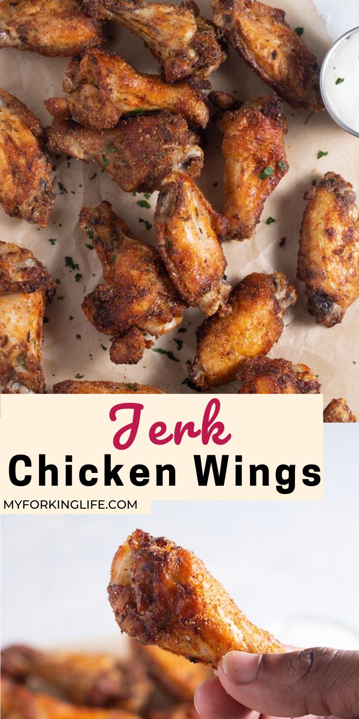 chicken wings with dipping sauce on top and the words jerk chicken wings crispy and delicious