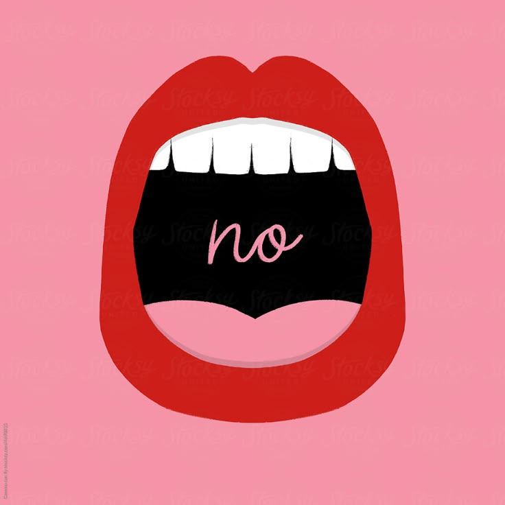 a woman's mouth with the word no written on it, in pink and black