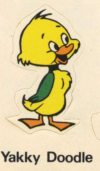 a yellow duck sticker with the words yakky doodle written below it