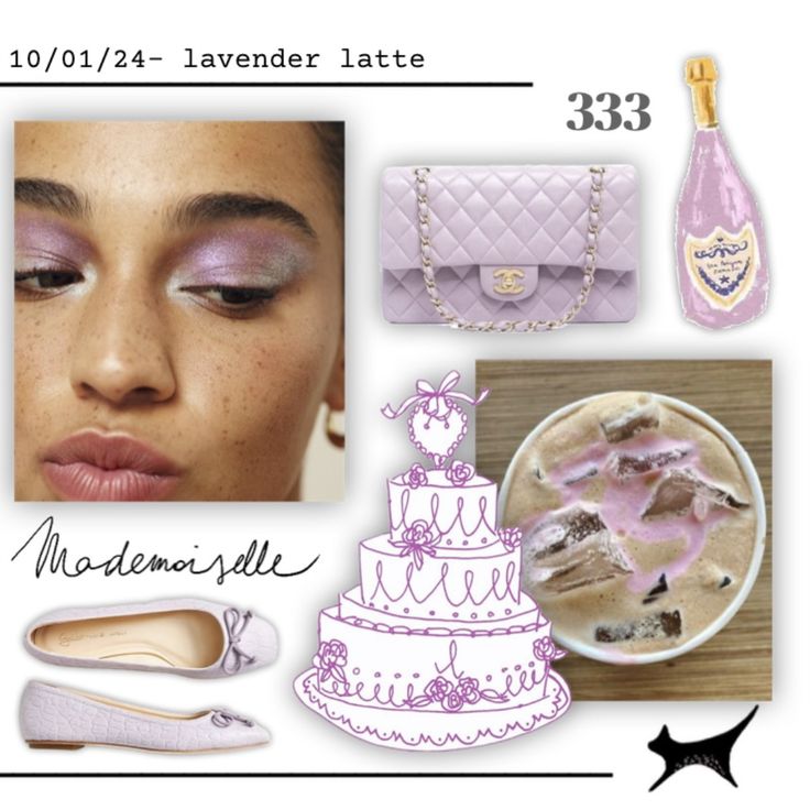 an image of a woman's face with makeup and accessories on it, including a bottle of lavender latte