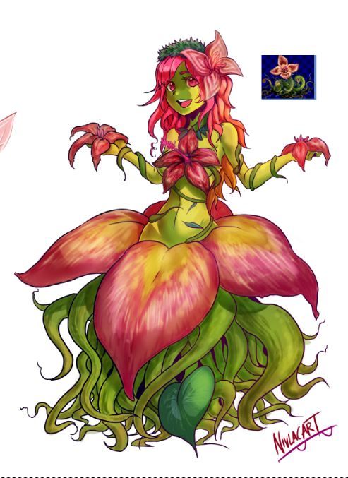 a drawing of a flower fairy sitting on top of a green plant with pink flowers