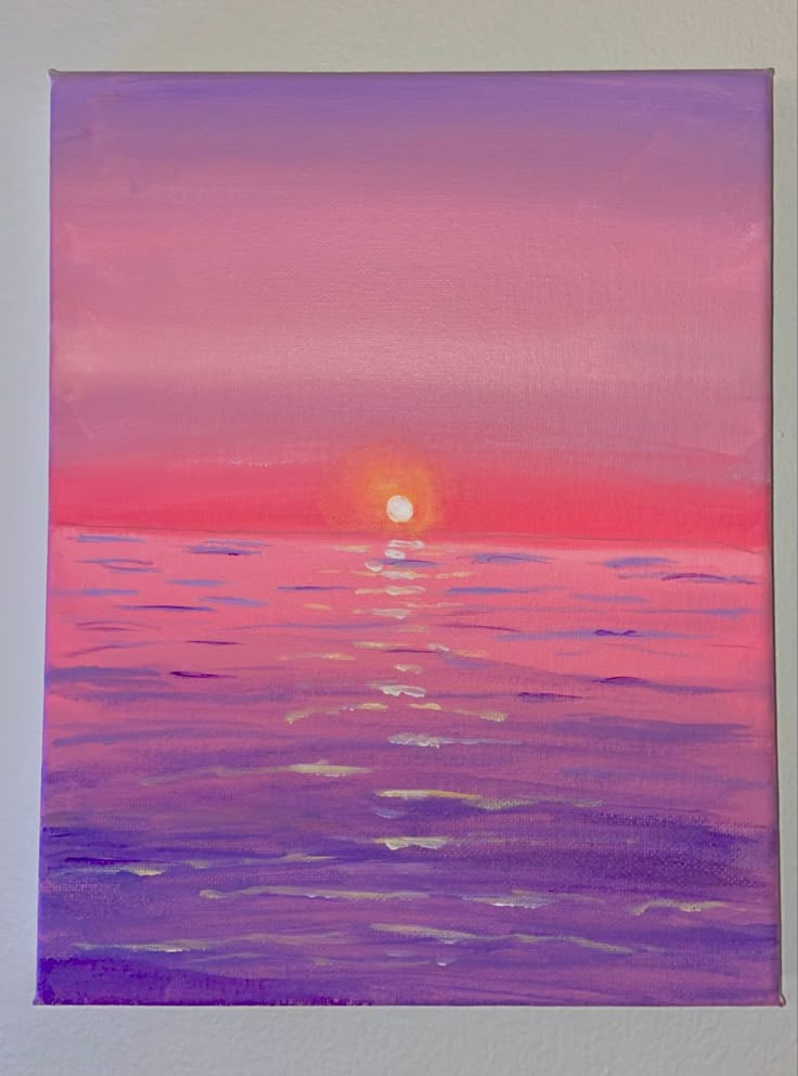 an acrylic painting of a sunset over the ocean with pink and purple hues