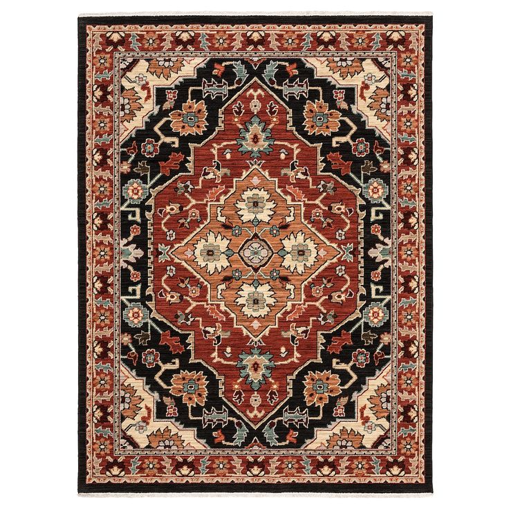 a red and black rug with an ornate design on the center, surrounded by multicolored flowers