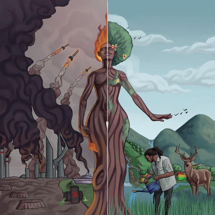 an illustration of a man standing next to a tree with fire coming out of it