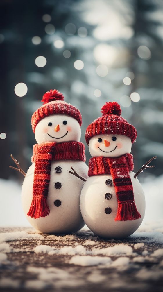 two snowmen standing next to each other in the snow